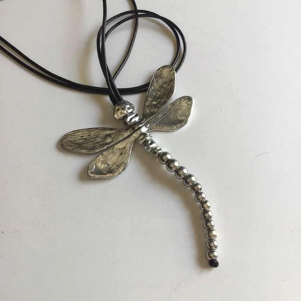 LAST 1! NEW Dragonfly Statement Necklace Movable Wings Gardener Black Cord Lucky